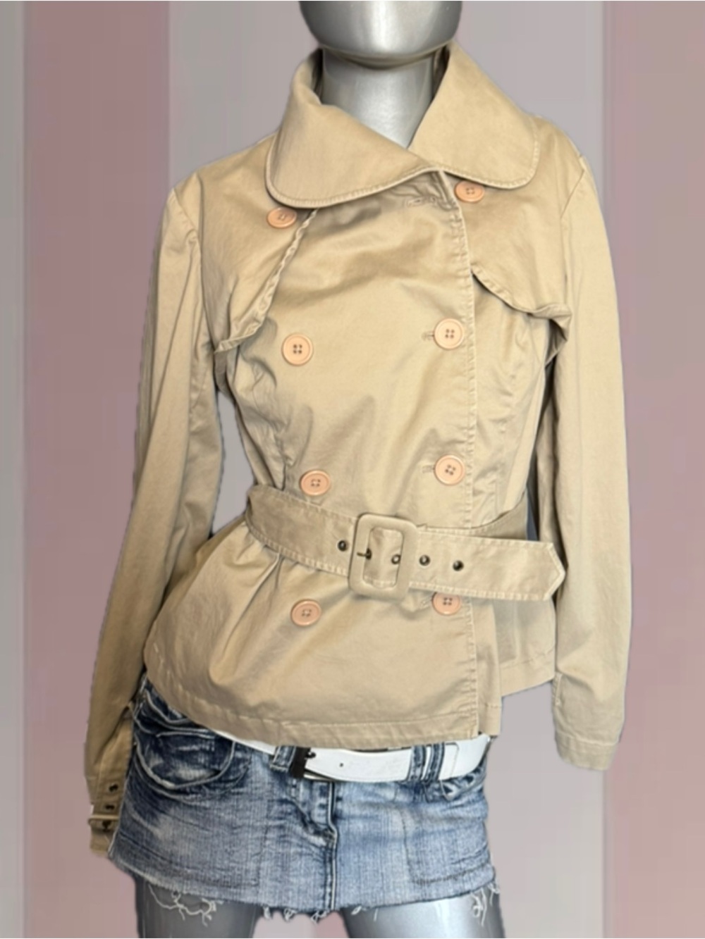 London Jeans Cropped Tan Belted Trench Coat